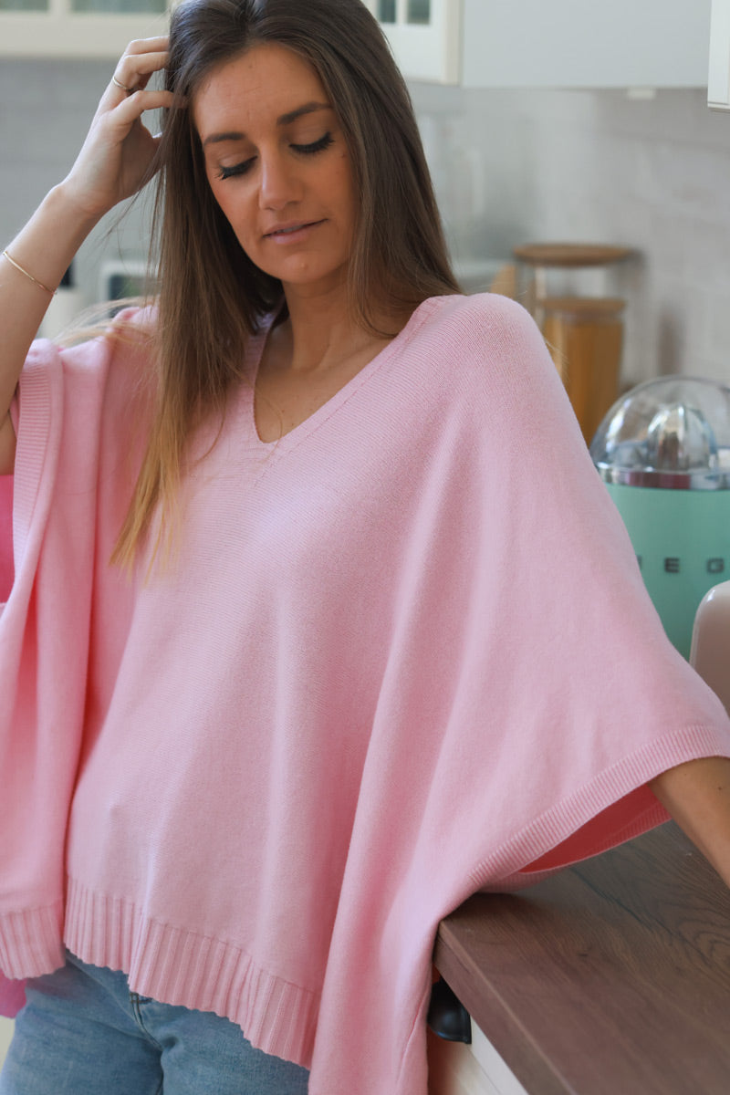 Light Pink Star Slouchy V-Neck Poncho Sweater
