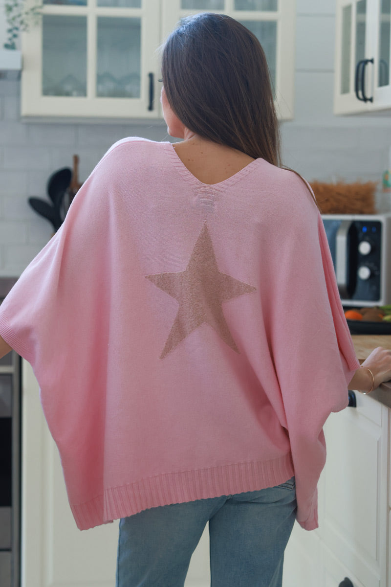 Light Pink Star Slouchy V-Neck Poncho Sweater
