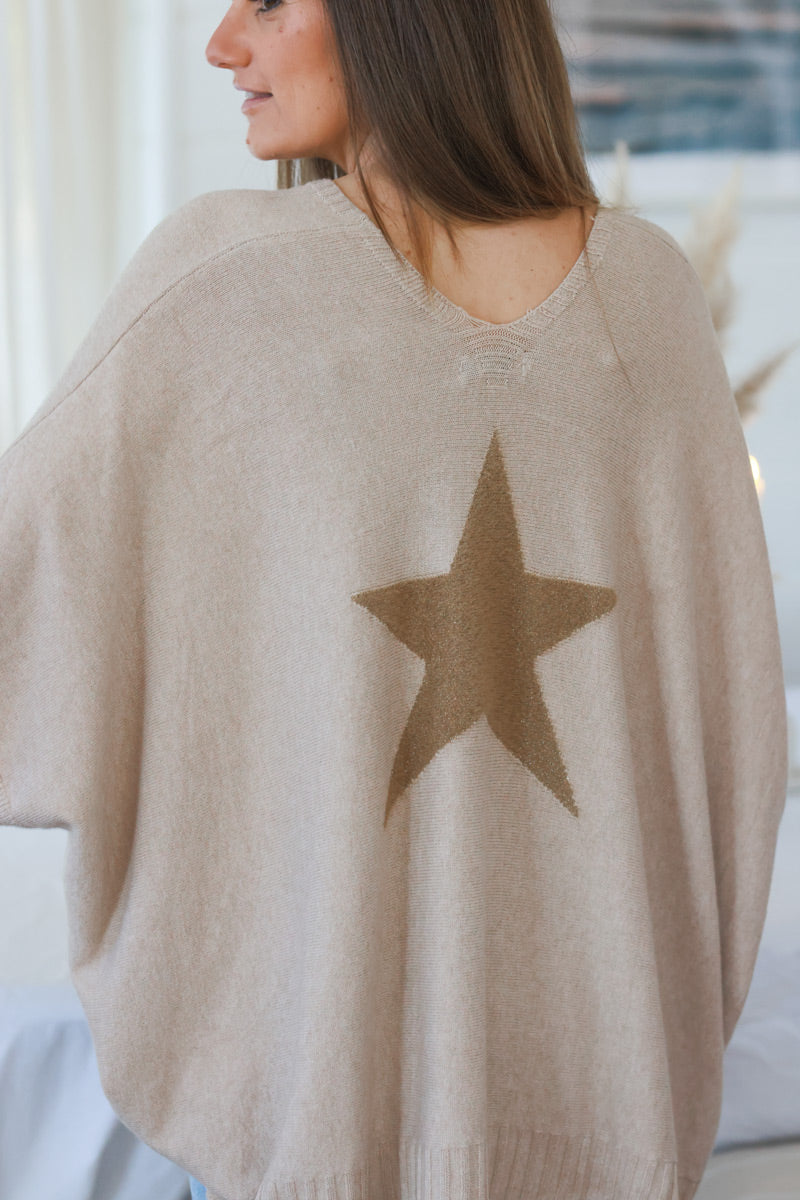 Light Brown Star Slouchy V-Neck Poncho Sweater