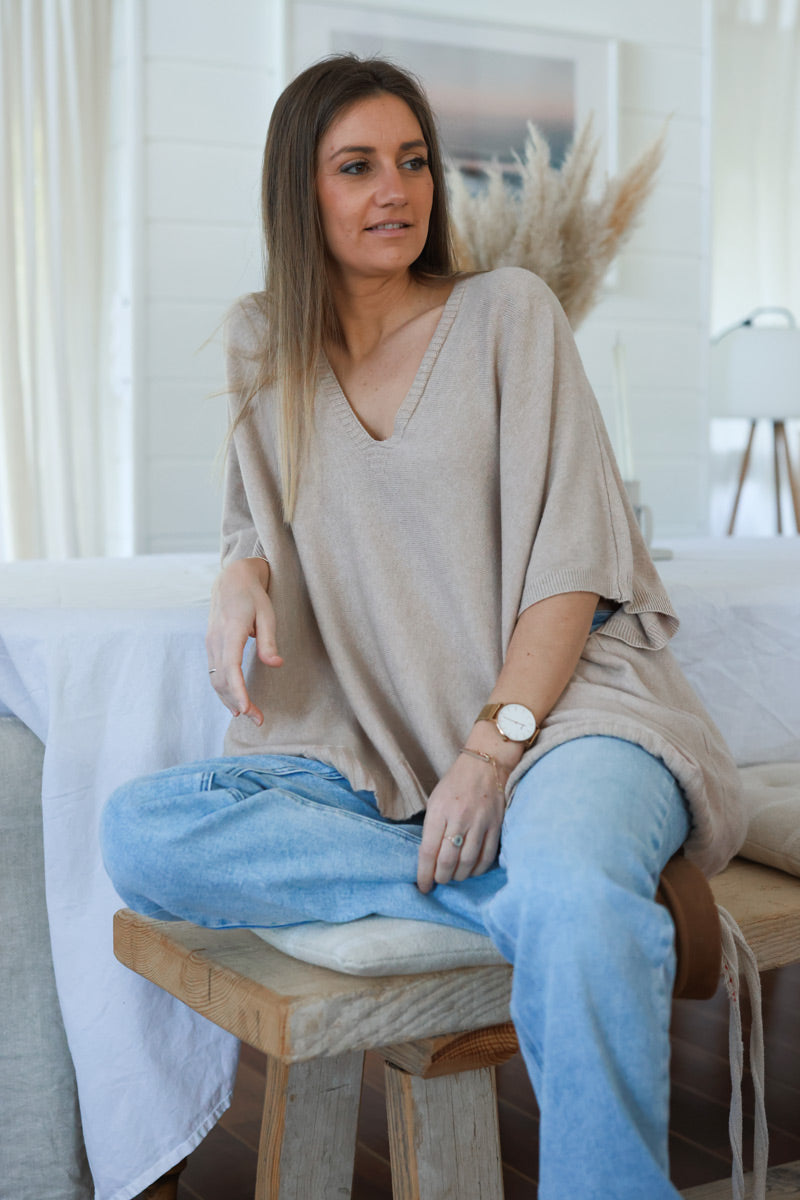 Light Brown Star Slouchy V-Neck Poncho Sweater