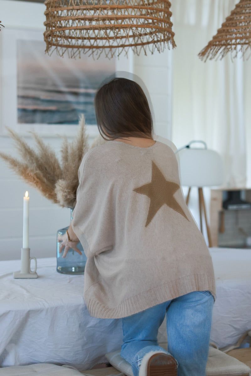 Light Brown Star Slouchy V-Neck Poncho Sweater