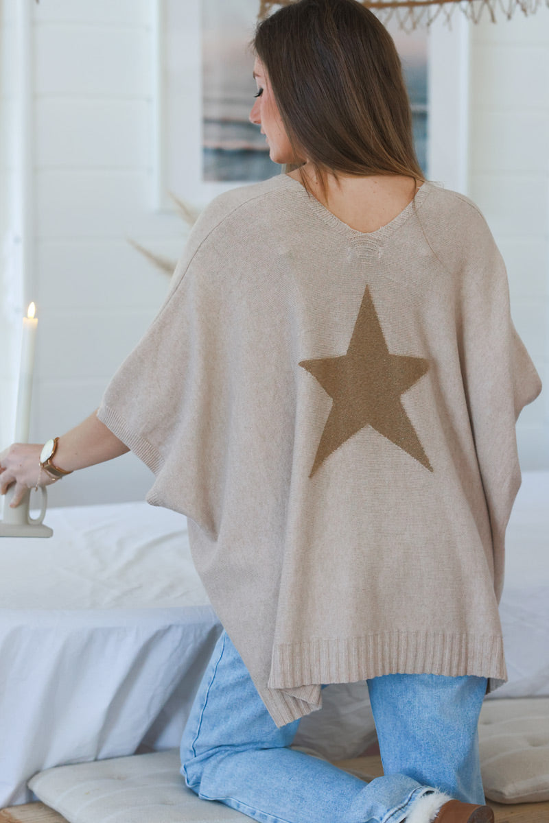 Light Brown Star Slouchy V-Neck Poncho Sweater