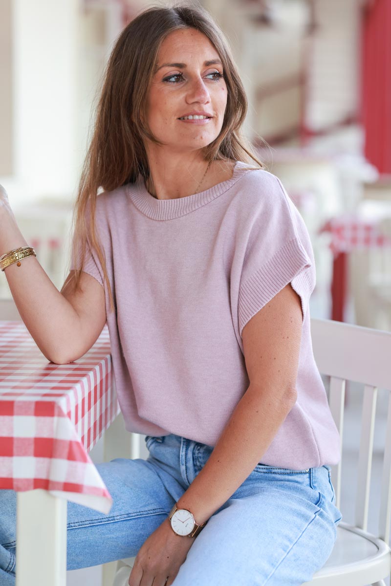 Powder Pink Cap-Sleeve Knit Top
