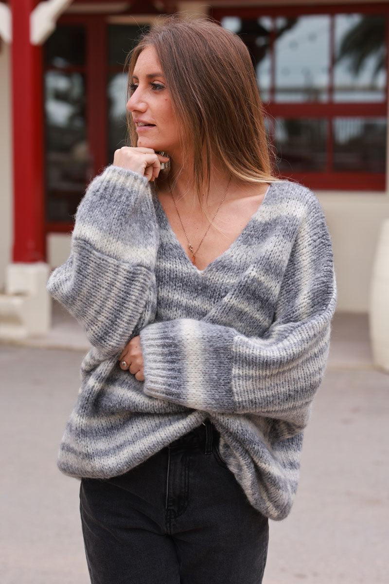 Ecru chunky knit batwing sweater with gray stripes