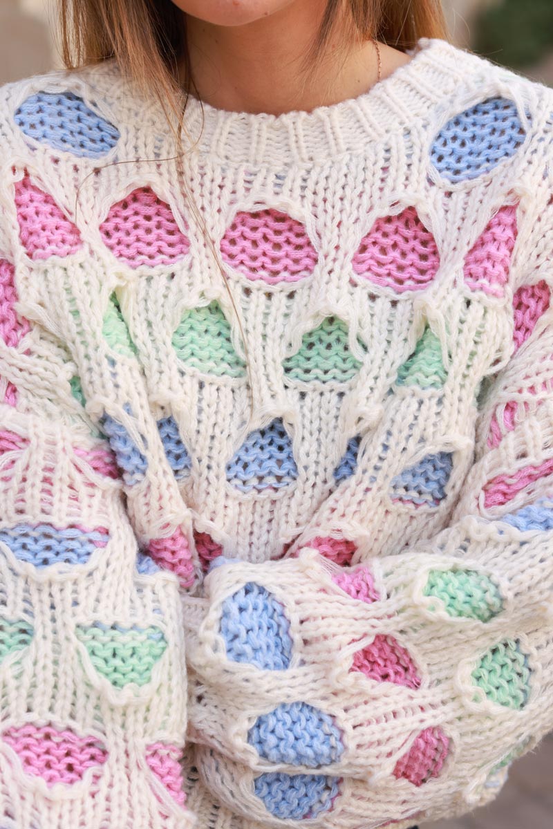 Ecru open crochet sweater, pastel lining, puffed sleeves