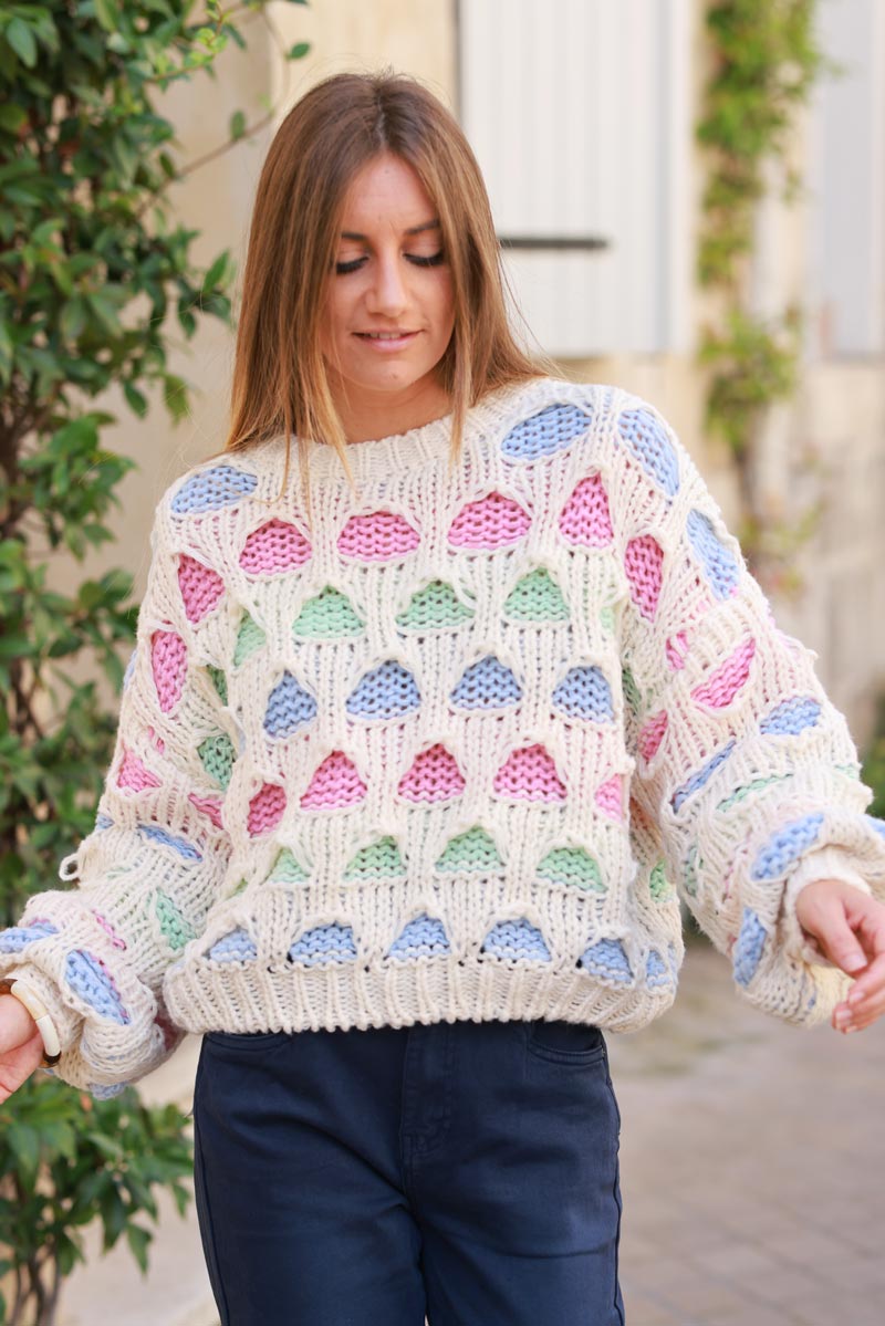 Ecru open crochet sweater, pastel lining, puffed sleeves