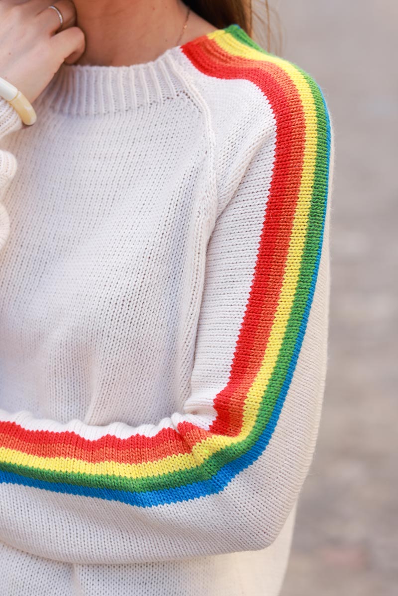 Ecru knit jumper with retro seventies vibe, rainbow sleeves and round ribbed neck