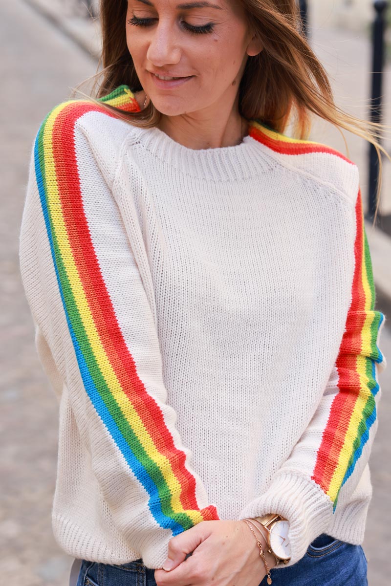 Ecru knit jumper with retro seventies vibe, rainbow sleeves and round ribbed neck