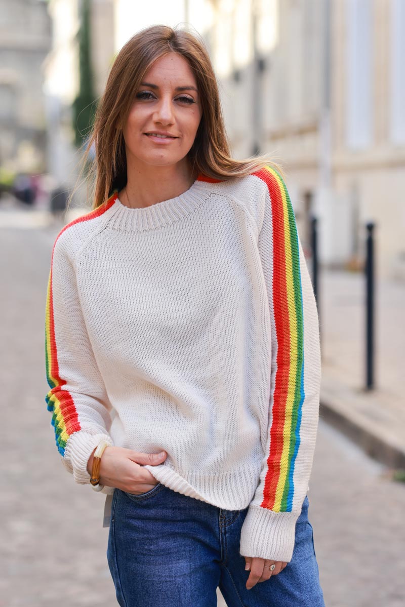 Ecru knit jumper with retro seventies vibe, rainbow sleeves and round ribbed neck