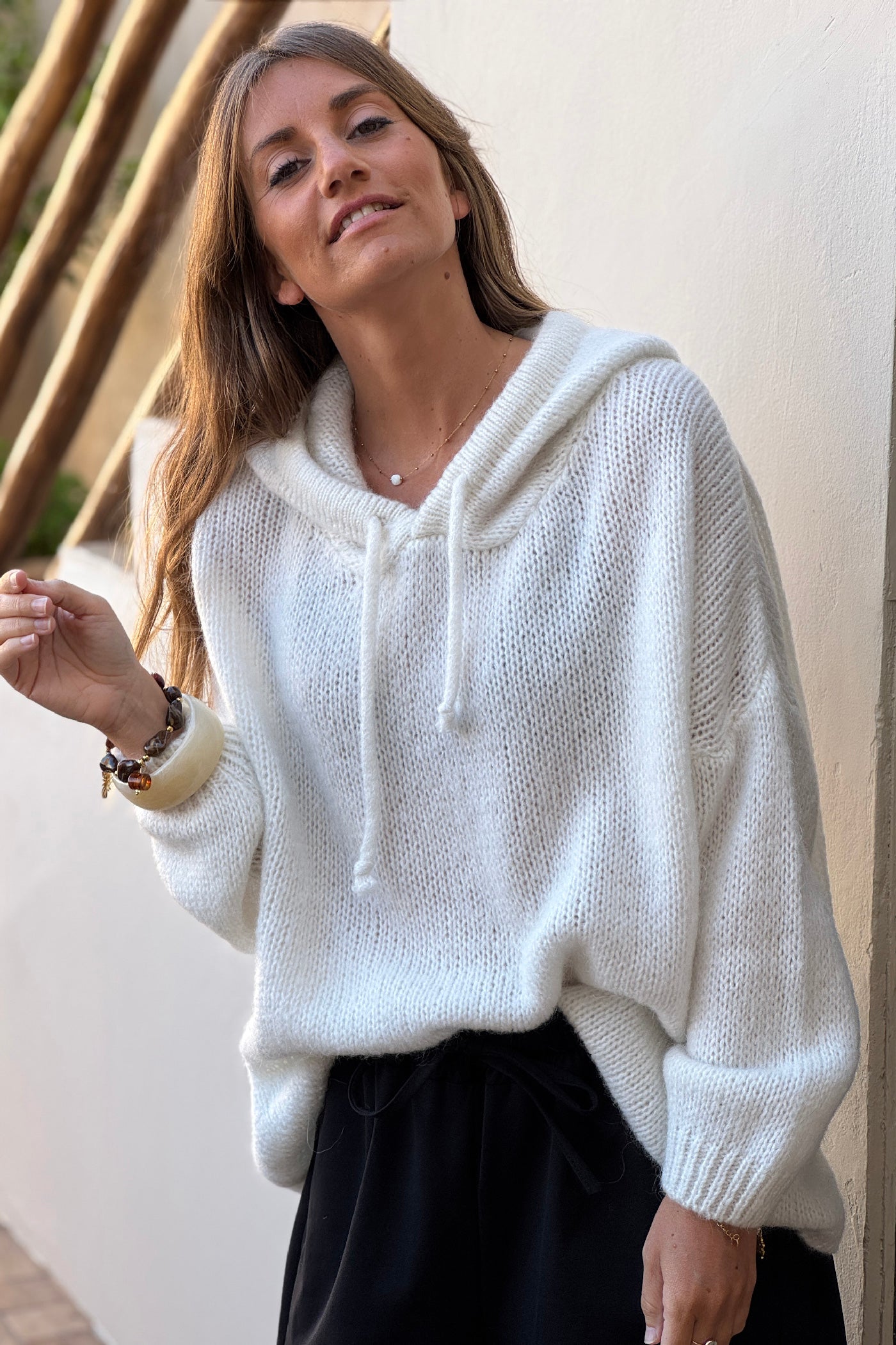 Cream Mohair Knit Zip-Front Hoodie