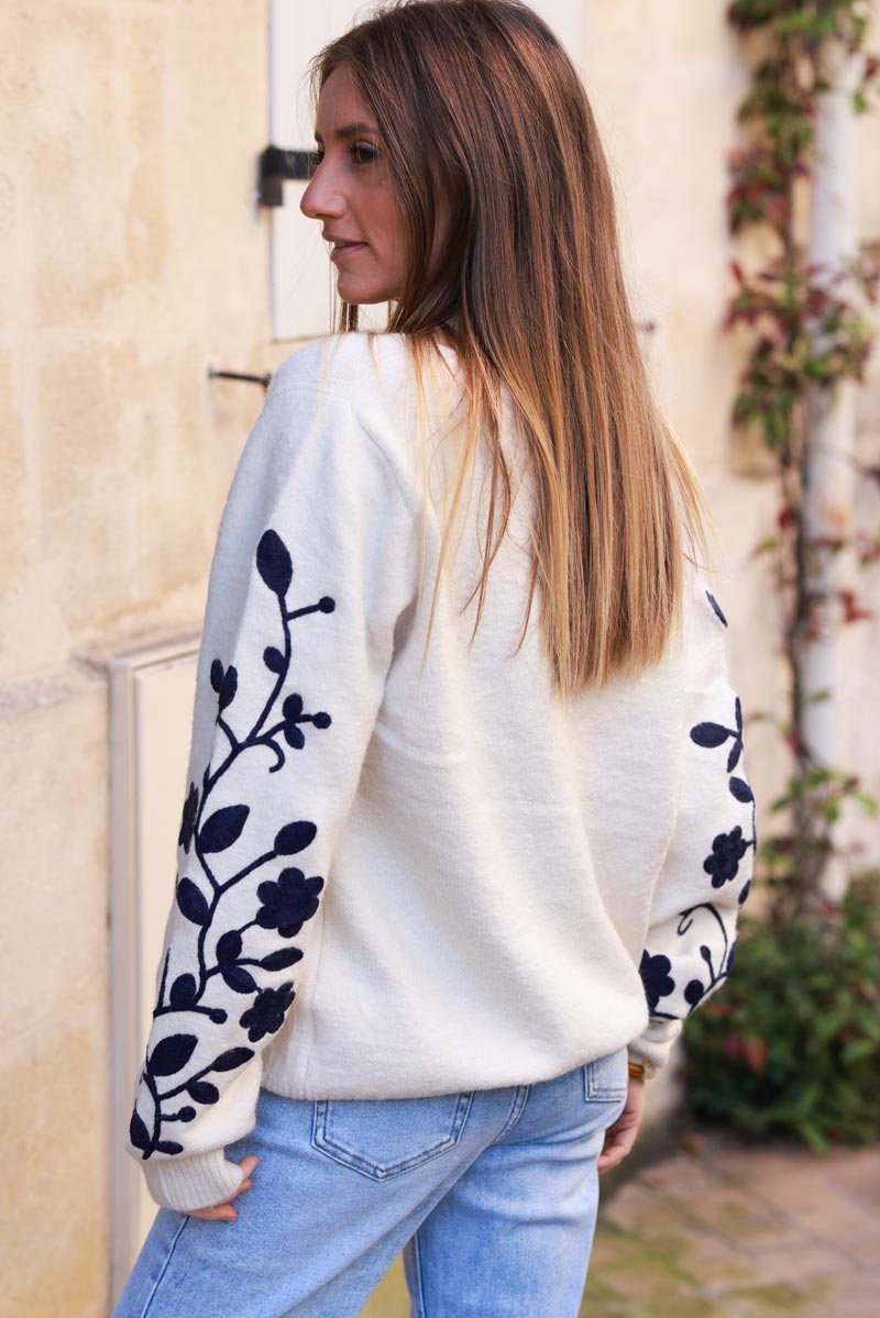 Ivory Knit V-Neck Jumper with Floral Scroll Sleeves