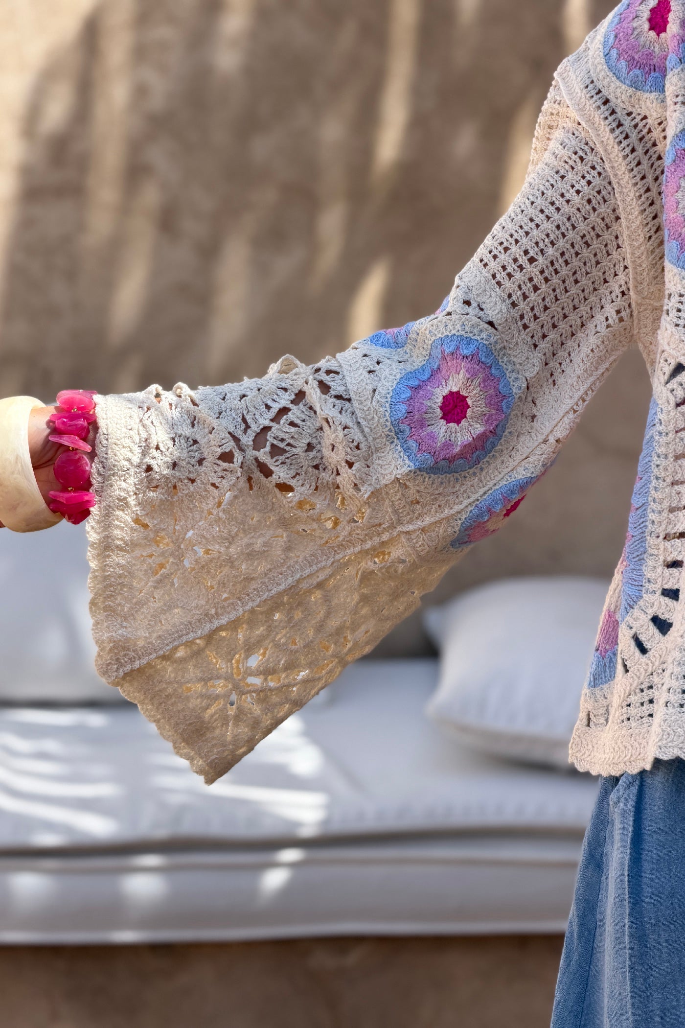 Cream and Fuchsia Cool Crochet Bell-Sleeve Blouse