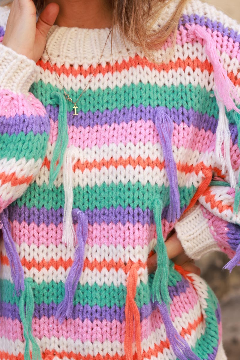 Off white Chunky knit sweater with multicoloured stripes and fringes