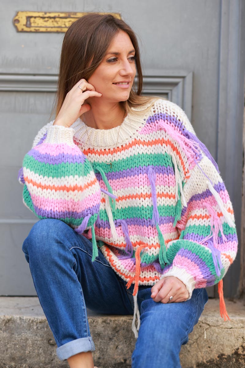 Off white Chunky knit sweater with multicoloured stripes and fringes