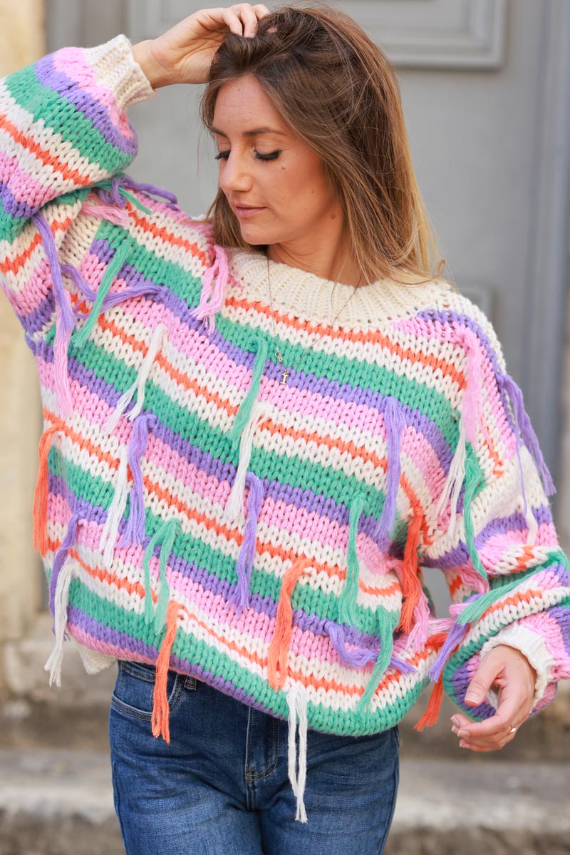 Off white Chunky knit sweater with multicoloured stripes and fringes