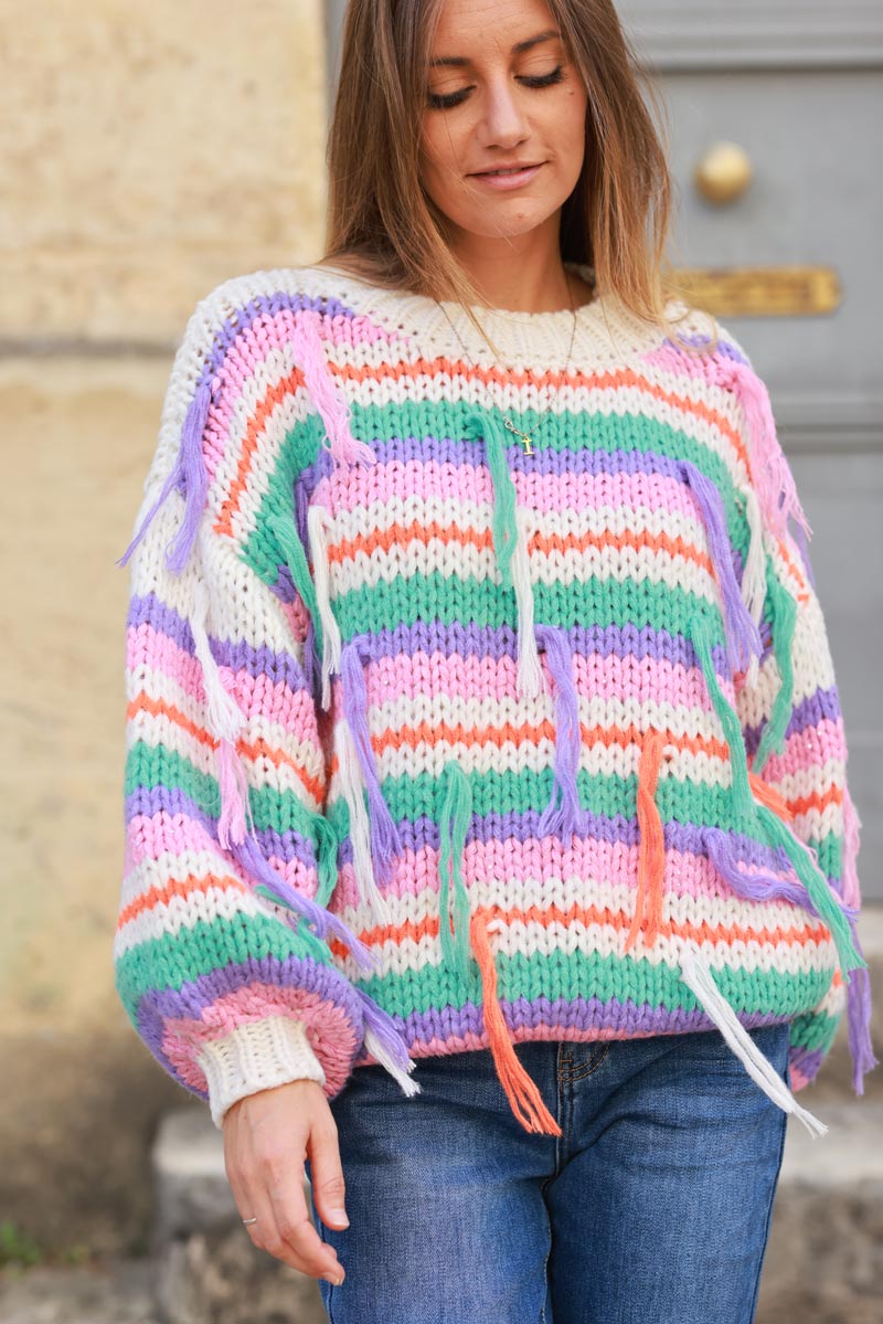 Off white Chunky knit sweater with multicoloured stripes and fringes