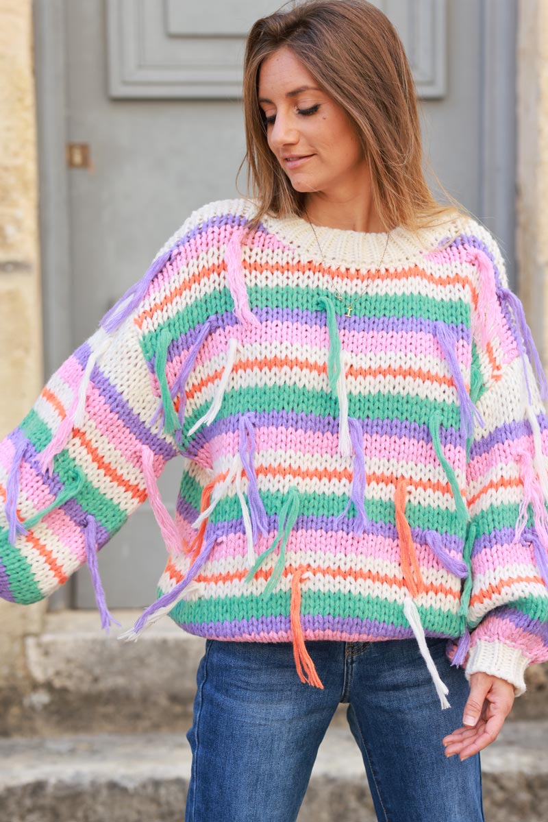 Off white Chunky knit sweater with multicoloured stripes and fringes