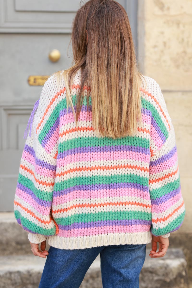 Off white Chunky knit sweater with multicoloured stripes and fringes