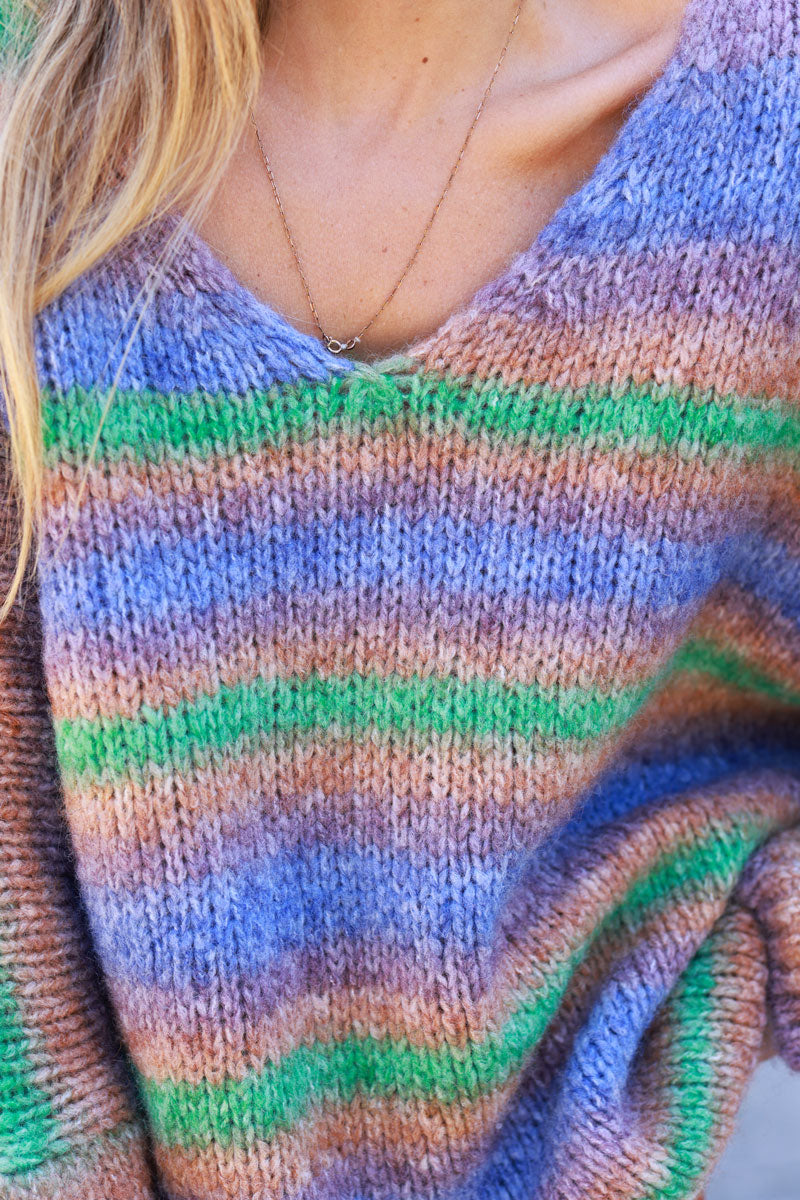 Purple chunky knit batwing sweater with autumn shaded stripes