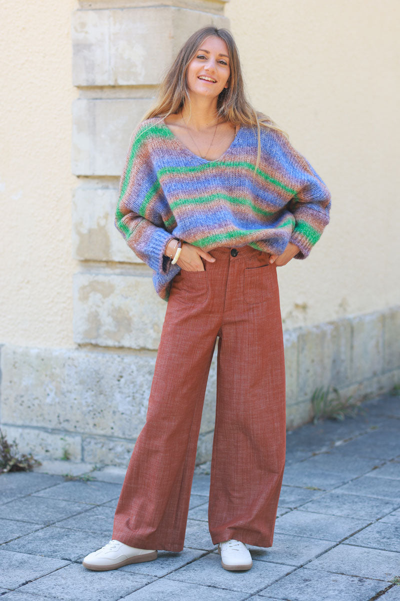 Purple chunky knit batwing sweater with autumn shaded stripes