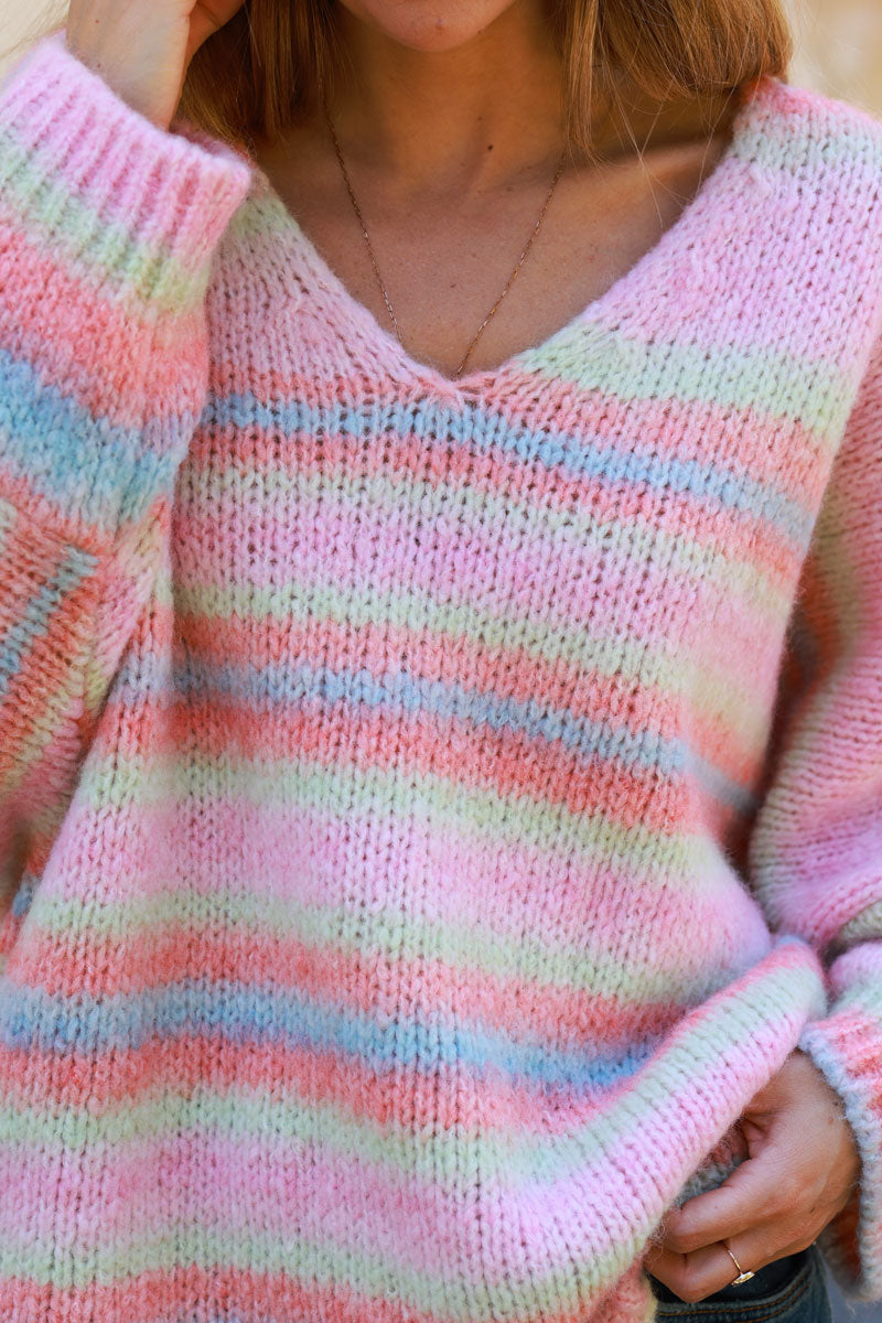 Chunky knit batwing sweater with pastel shaded stripes