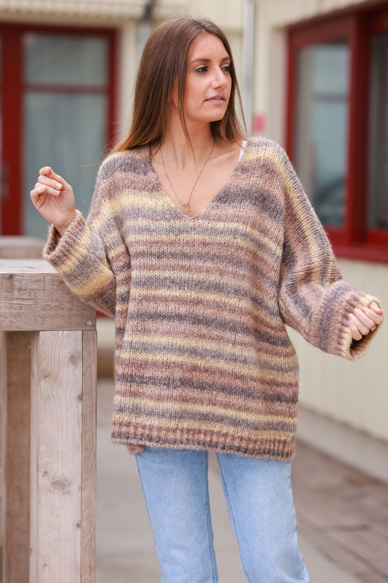 Chunky knit batwing sweater with brown shaded stripes