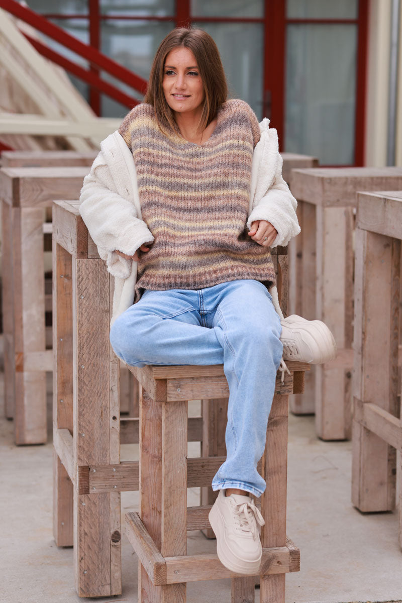 Chunky knit batwing sweater with brown shaded stripes