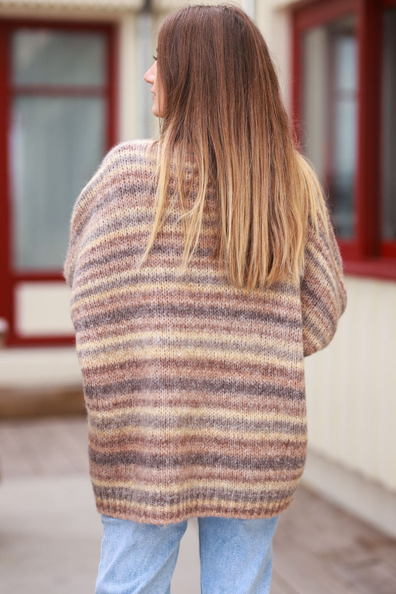 Chunky knit batwing sweater with brown shaded stripes