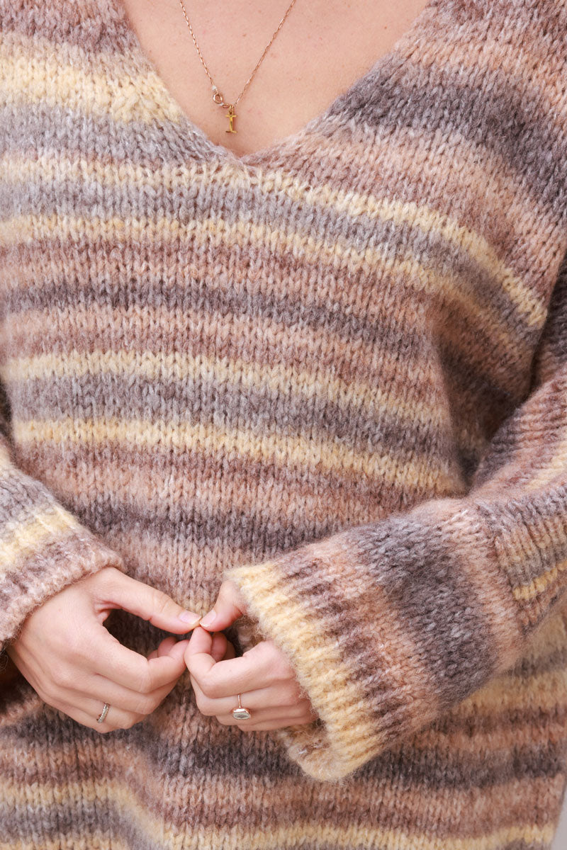 Chunky knit batwing sweater with brown shaded stripes