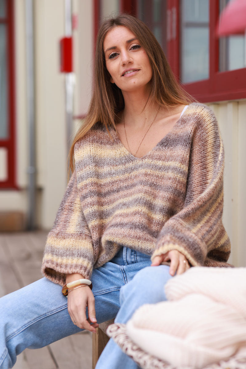 Chunky knit batwing sweater with brown shaded stripes