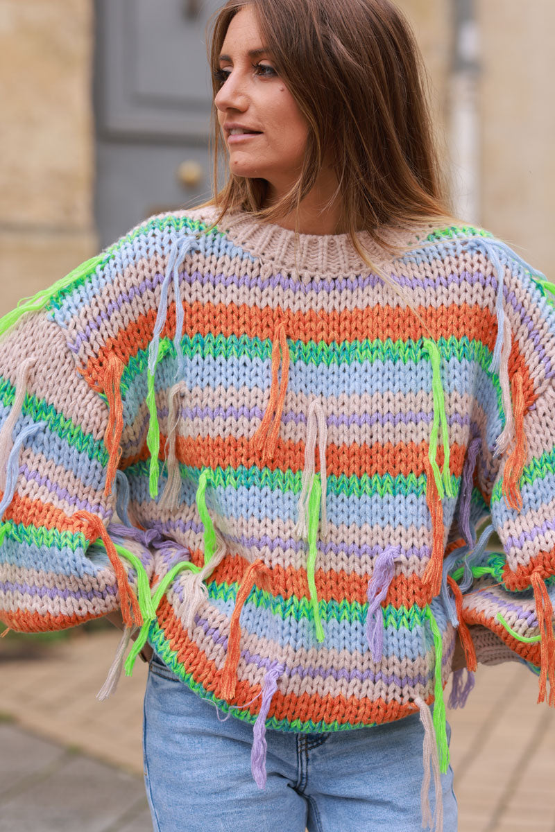 Taupe Chunky knit Jumper with multicoloured stripes and fringes