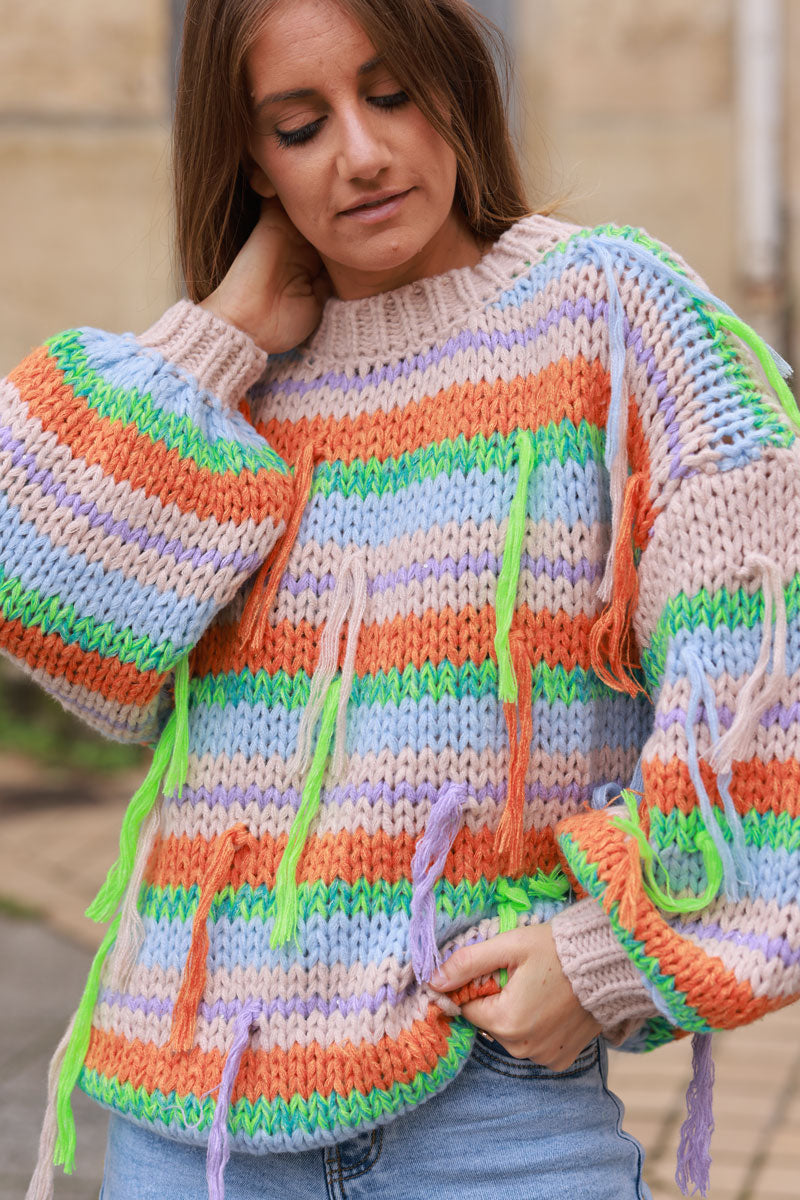 Taupe Chunky knit sweater with multicoloured stripes and fringes