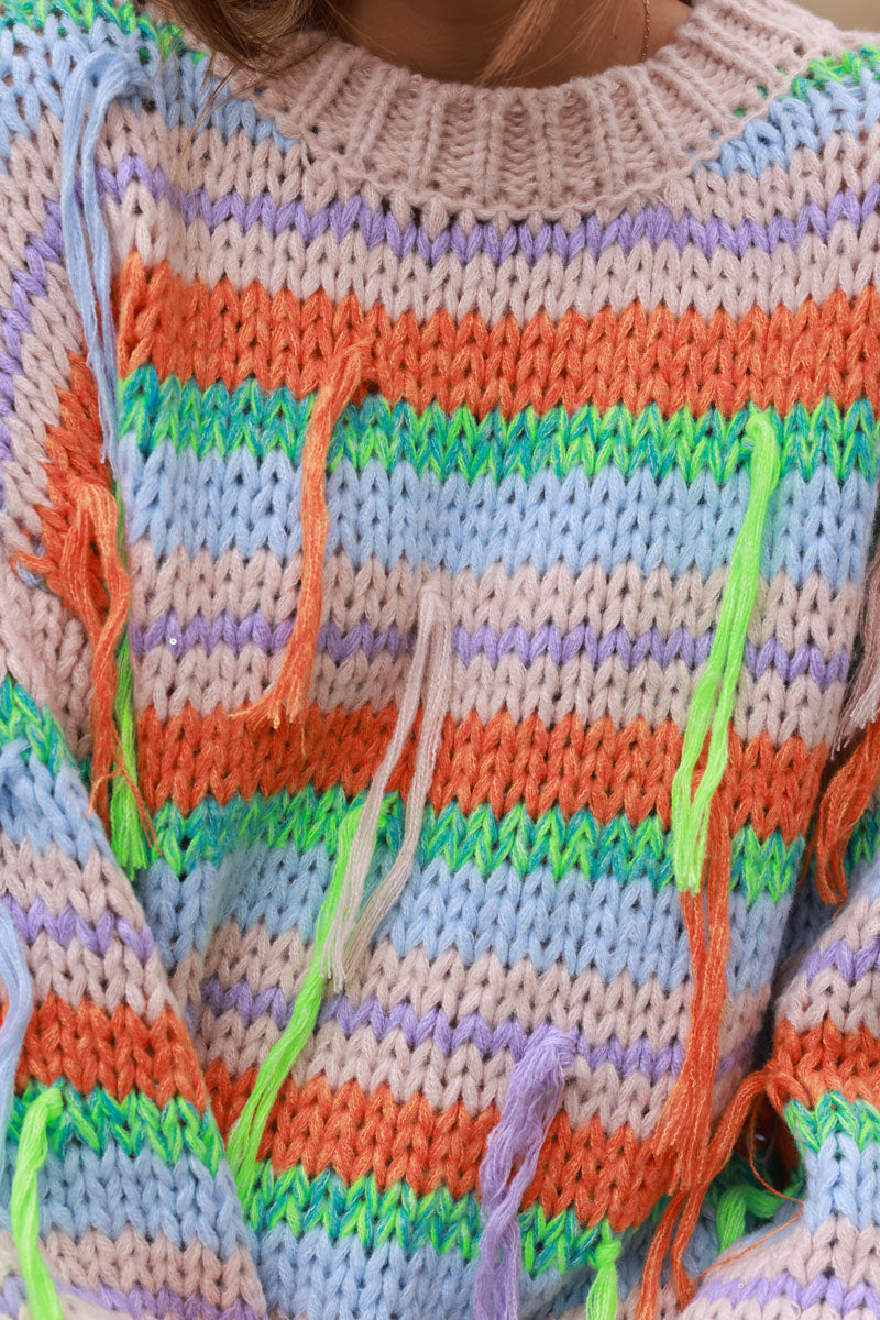 Taupe Chunky knit sweater with multicoloured stripes and fringes