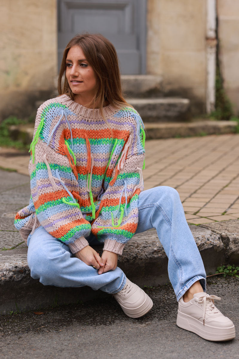 Taupe Chunky knit sweater with multicoloured stripes and fringes