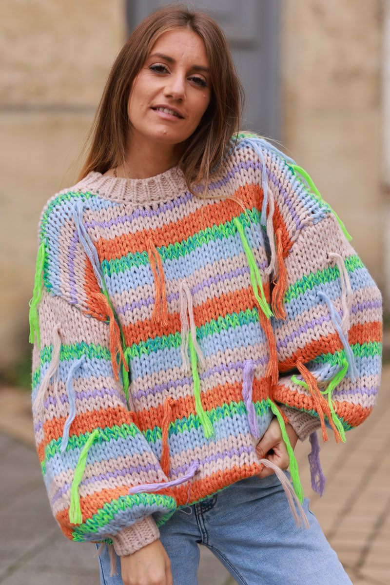 Taupe Chunky knit Jumper with multicoloured stripes and fringes