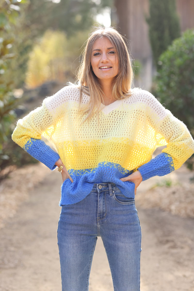 Open knit crochet style jumper in large yellow blue stripes