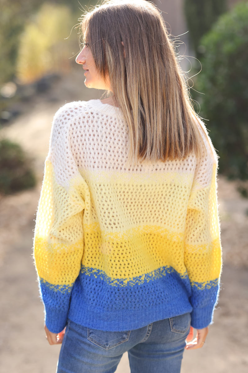 Open knit crochet style jumper in large yellow blue stripes