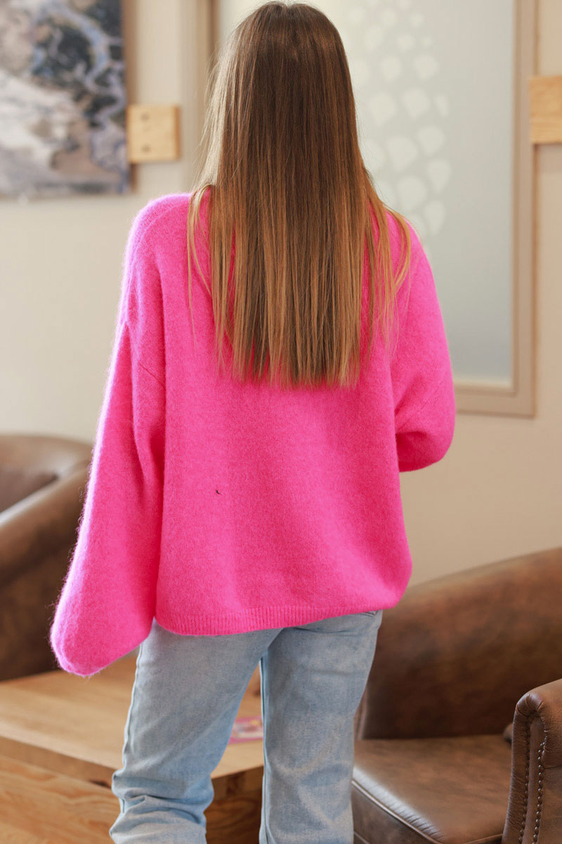 Hot Pink Alpaca Knit Balloon Sleeve Sweater