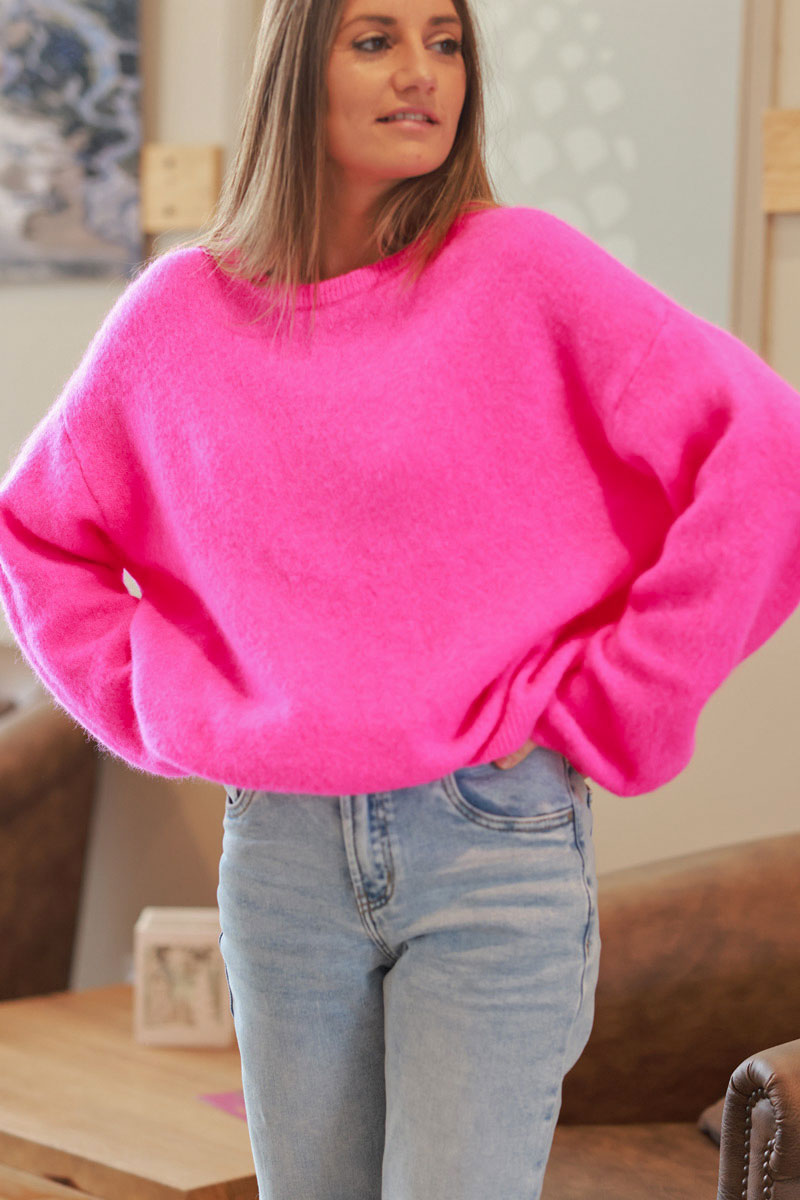 Hot Pink Alpaca Knit Balloon Sleeve Sweater