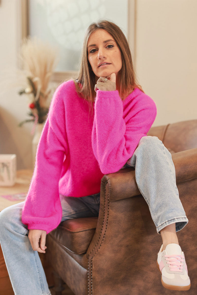 Hot Pink Alpaca Knit Balloon Sleeve Sweater