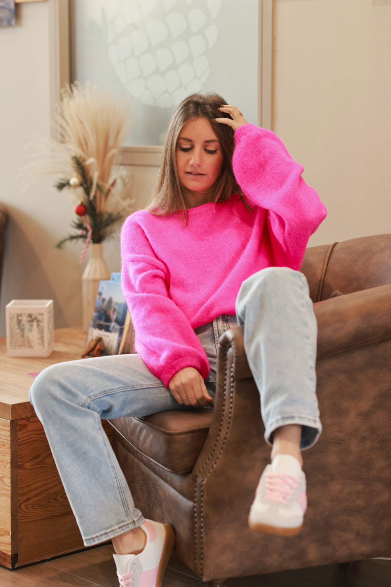 Hot Pink Alpaca Knit Balloon Sleeve Sweater