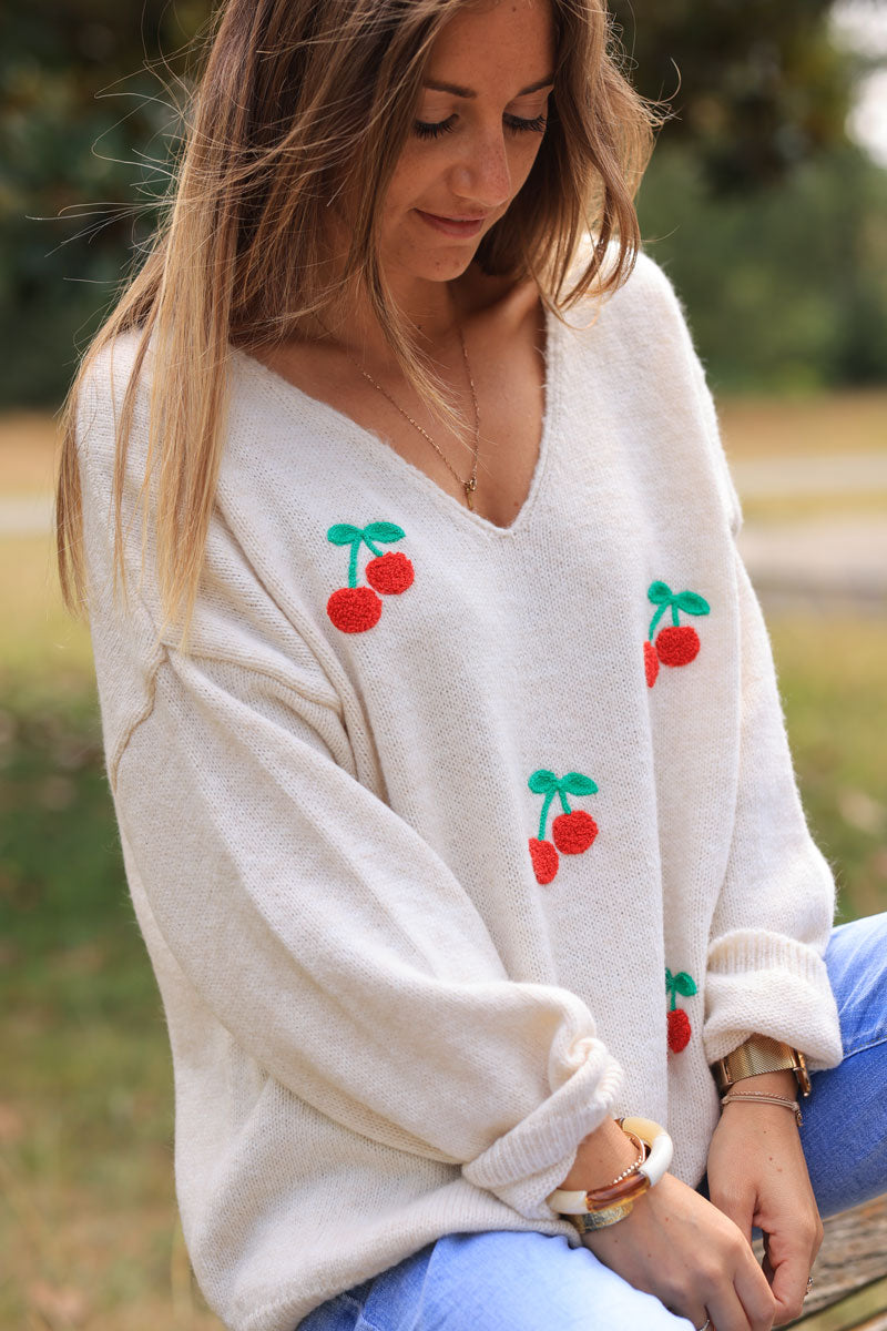 Heather beige relaxed fit knit sweater with cherry embroidery