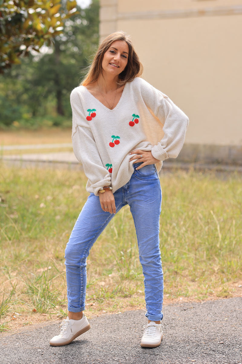 Heather beige relaxed fit knit sweater with cherry embroidery