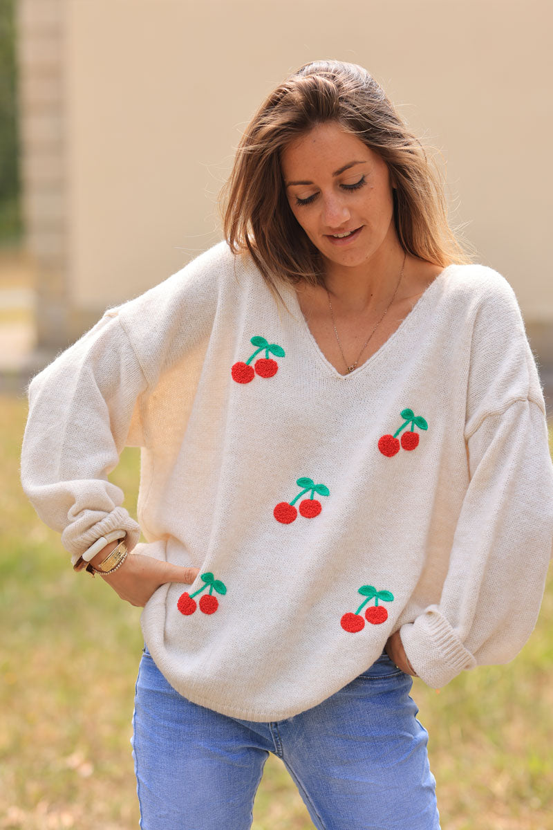 Heather beige relaxed fit knit sweater with cherry embroidery