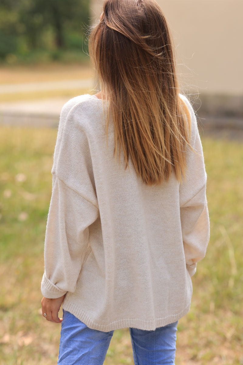 Heather beige relaxed fit knit sweater with cherry embroidery