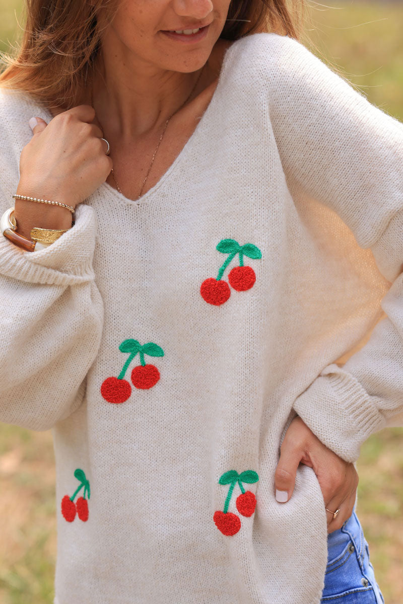 Heather beige relaxed fit knit sweater with cherry embroidery