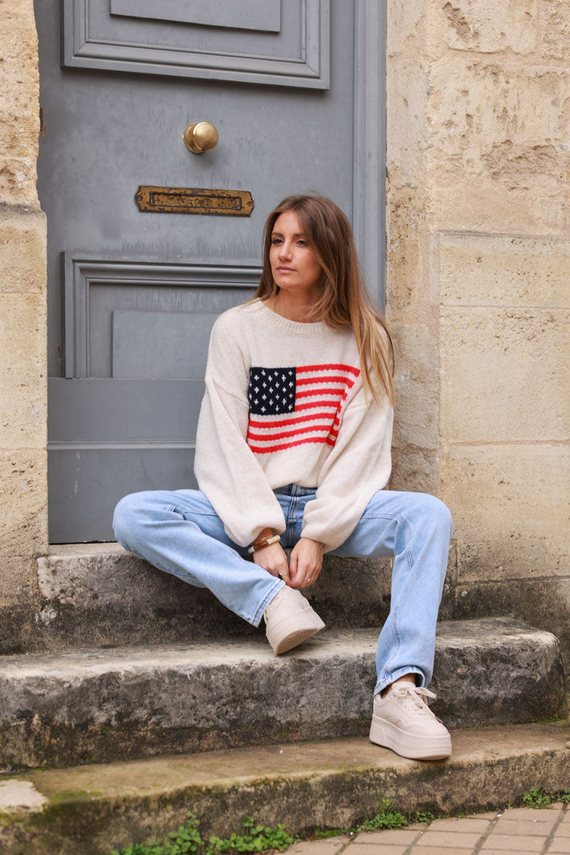 Pull en maille beige drapeau US américain col rond