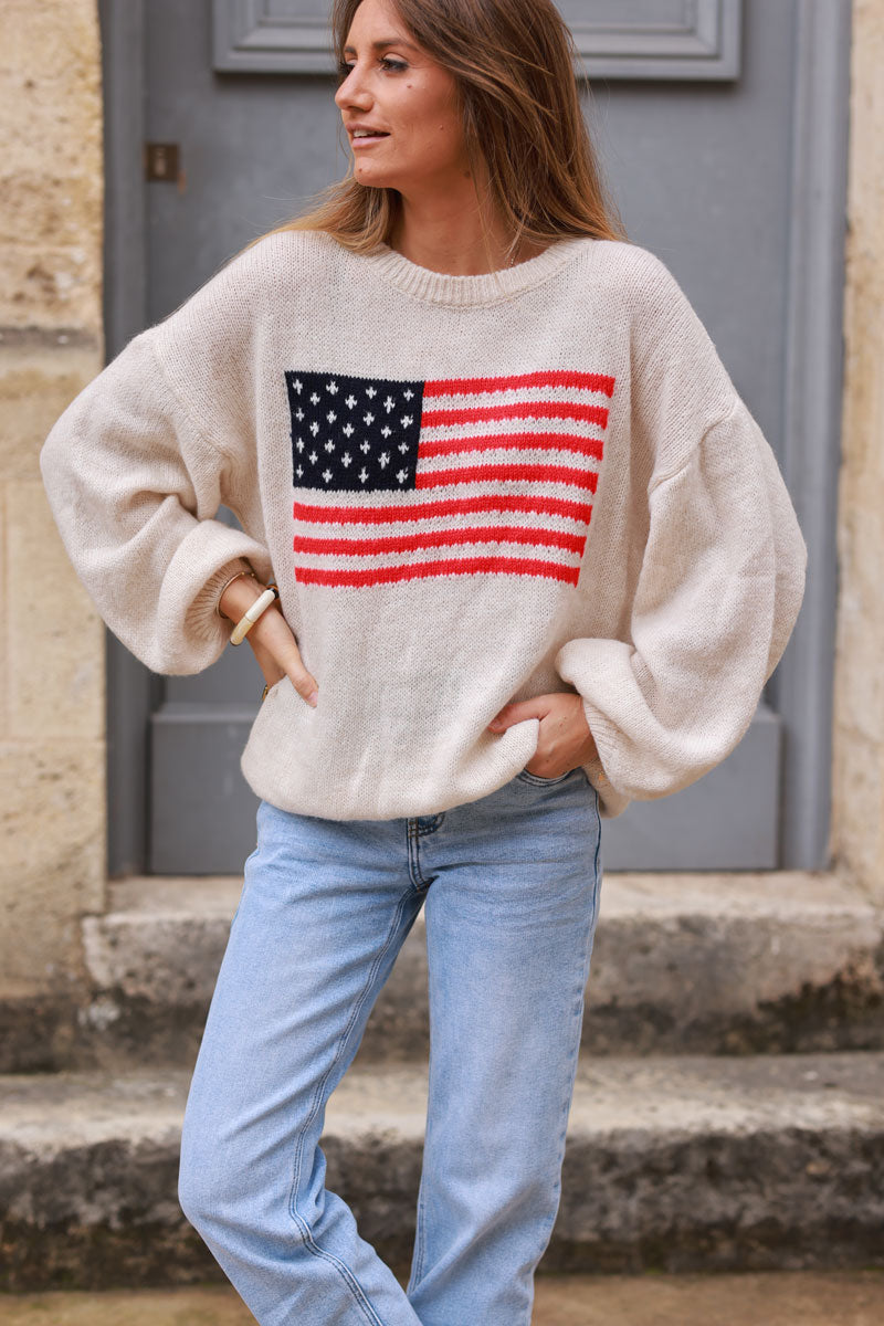 Pull en maille beige drapeau US américain col rond