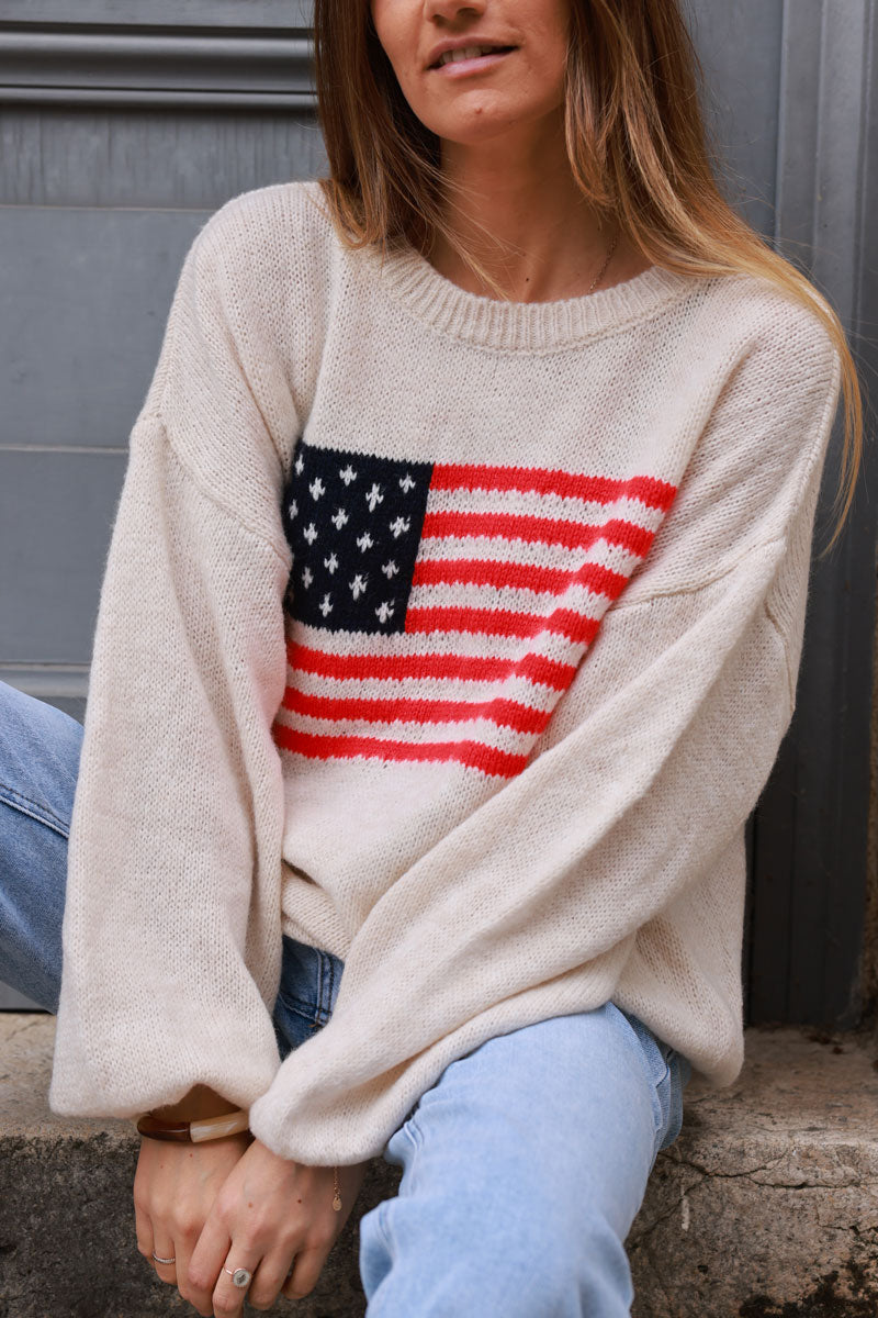 Pull en maille beige drapeau US américain col rond