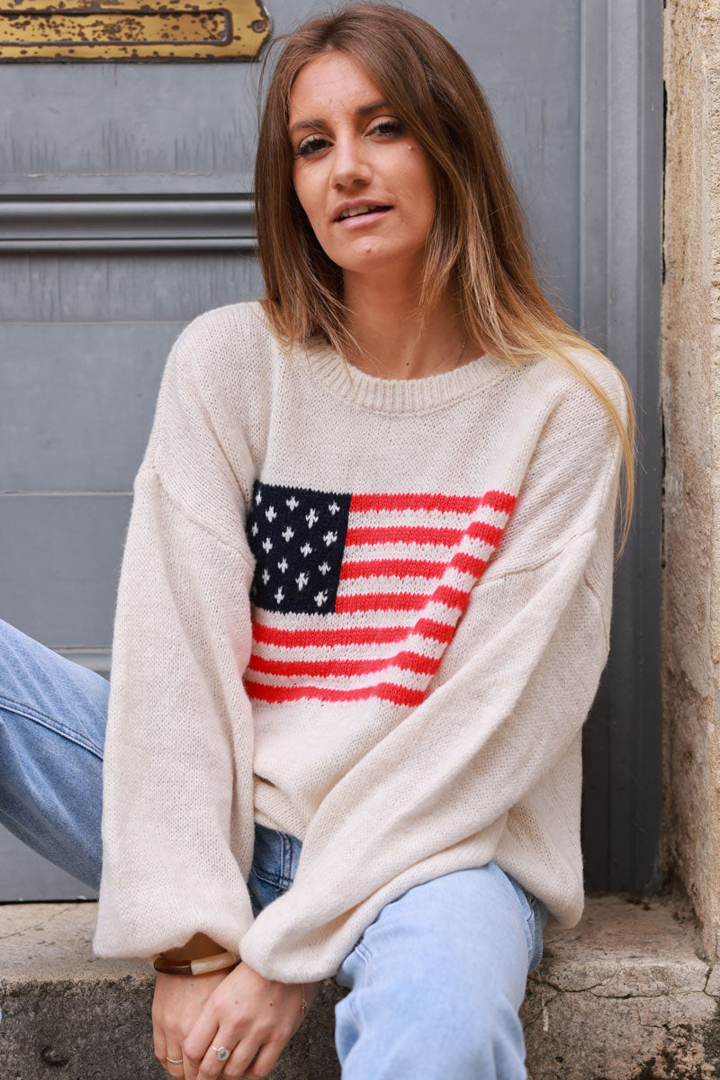 Pull en maille beige drapeau US américain col rond